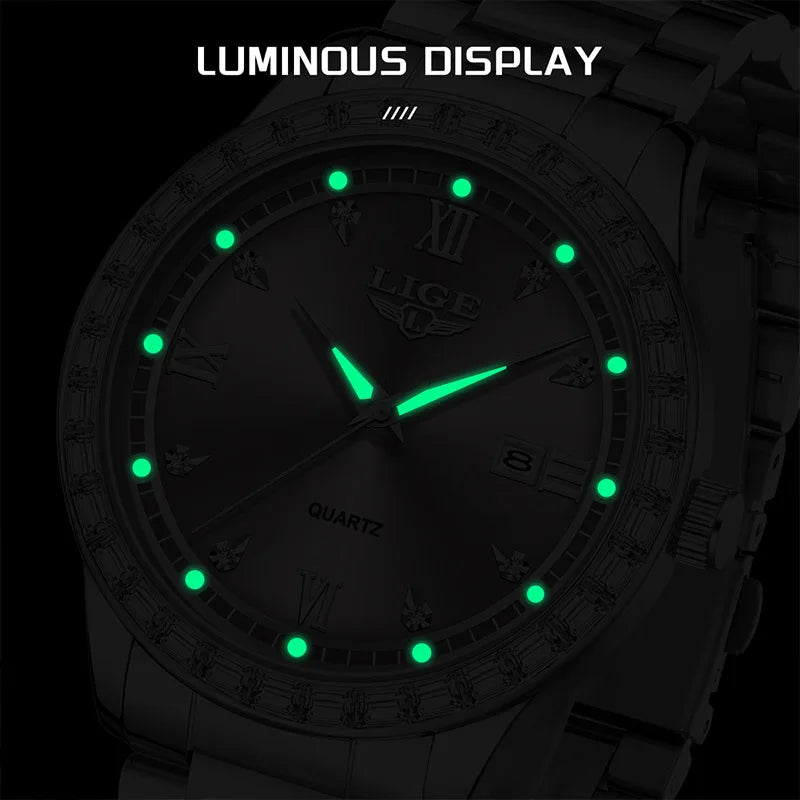 Reloj LIGE elegante para mujer, reloj resistente al agua a la moda, reloj luminoso de cuarzo de negocios de acero inoxidable para mujer, reloj de mujer + caja