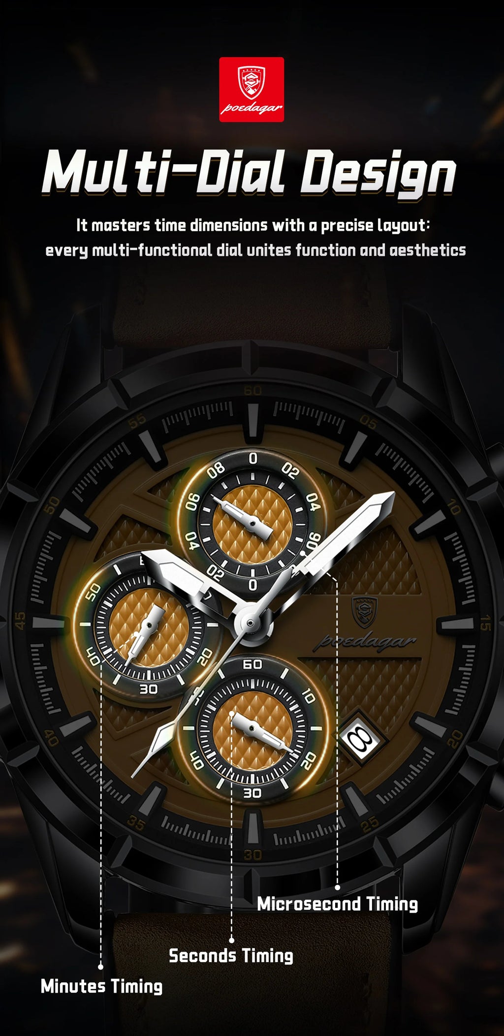 Reloj de pulsera POEDAGAR de lujo para hombre, relojes de cuarzo de cuero originales para hombre, cronógrafo con fecha, reloj luminoso resistente al agua para hombre + caja