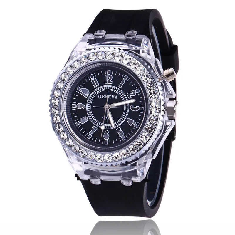 Relojes luminosos con destellos de luz LED para mujeres, hombres, niños y niñas, reloj de pulsera de silicona, reloj de diamantes de imitación a la moda, reloj para niños, reloj Saati