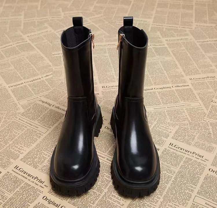 Botas medio altas para mujer, zapatos Chelsea con punta redonda a media pantorrilla para mujer, calzado marrón de tacón medio, oferta gótica de entretiempo para primavera y otoño