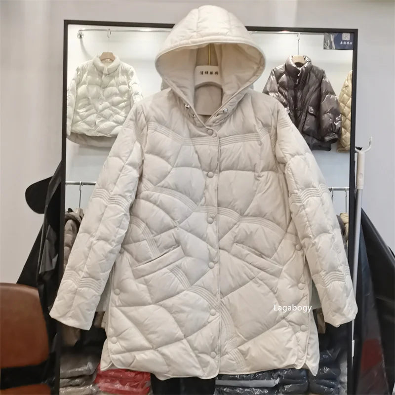 Lagabogy-abrigo holgado de plumón de pato blanco para mujer, Tops Vintage de un solo pecho, chaqueta acolchada cálida con capucha y bolsillo para mujer, exterior, 2025