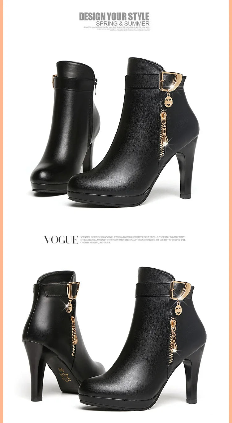 Botas cortas sexis de tacón alto con punta redonda para mujer, moda de invierno, nuevo estilo, diseño Simple, tacón fino, cierre de cremallera, Color sólido