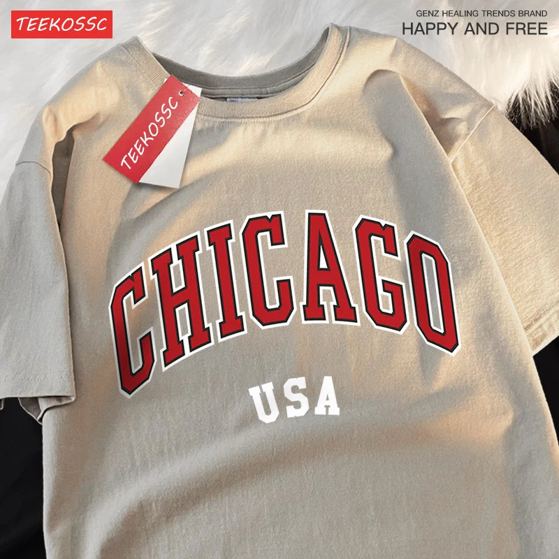 Camiseta gráfica de ciudad clásica de Chicago Usa para hombre, camisetas de calle con cuello redondo, ropa, camiseta informal de algodón de manga corta para pareja