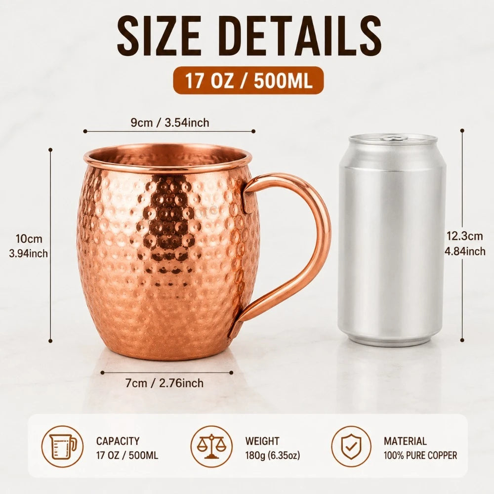 Taza de Cobre Puro de 500 ml, Taza de Metal Sólido para Beber, 17 oz, para Cócteles, Cerveza, Leche, Café, para Cocina, Bar, Fiestas, Bebidas
