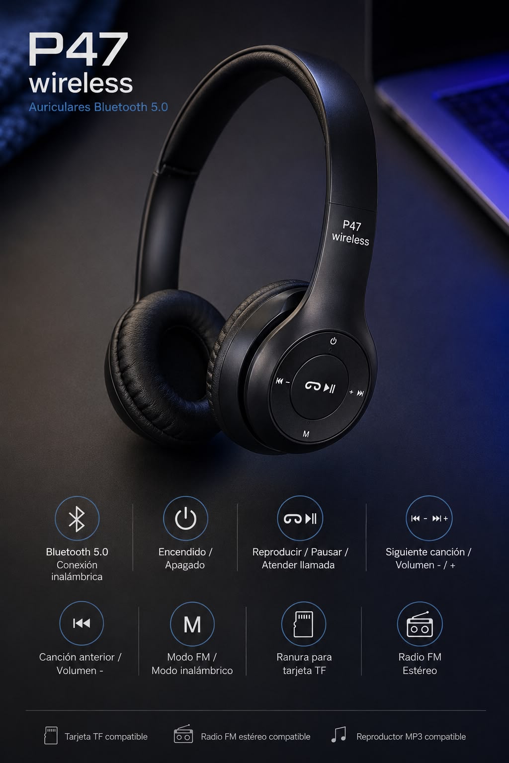Auriculares Inalámbricos Bluetooth P47 – Con Micrófono, Plegables, Larga Duración de Batería