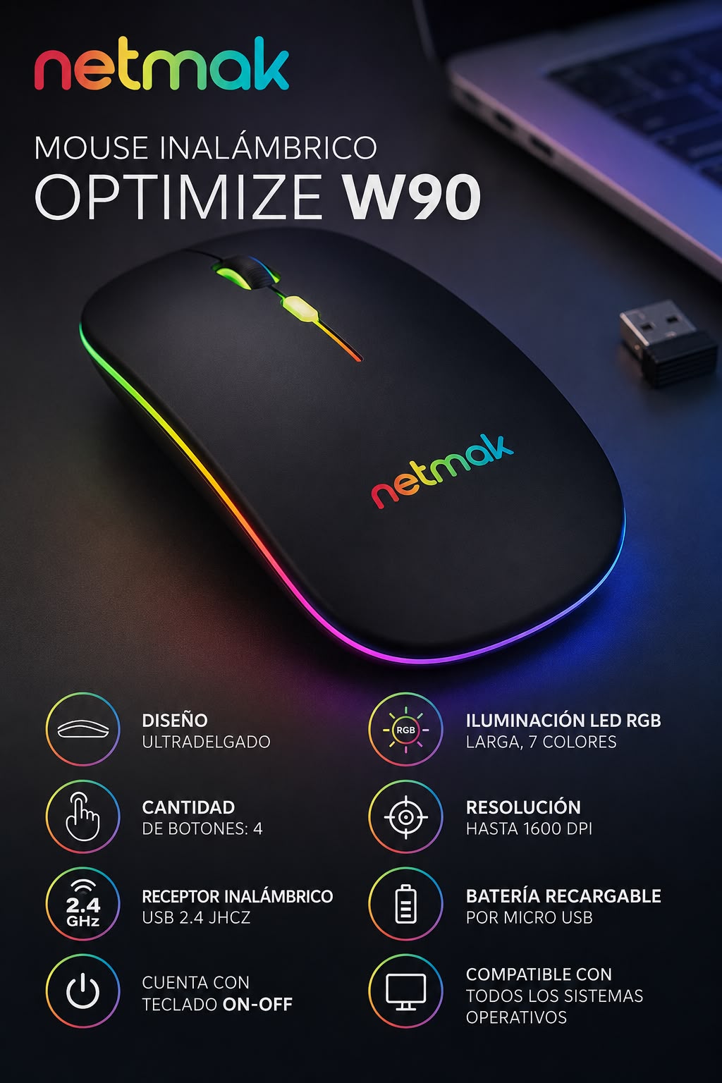 Mouse Inalámbrico Recargable Netmak – Silencioso, Ergónomico, Compatible Windows/Mac/Linux