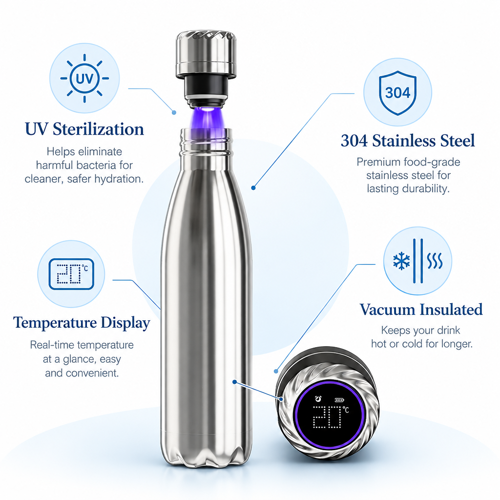 304 stainless steel UV sterilization bottle with temperature display and vacuum insulation