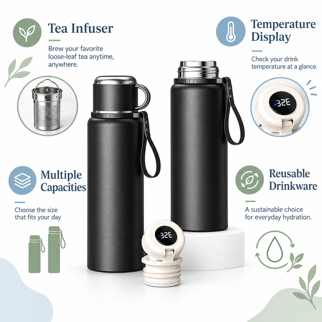 Reusable tea infuser bottle with temperature display and multiple capacity options